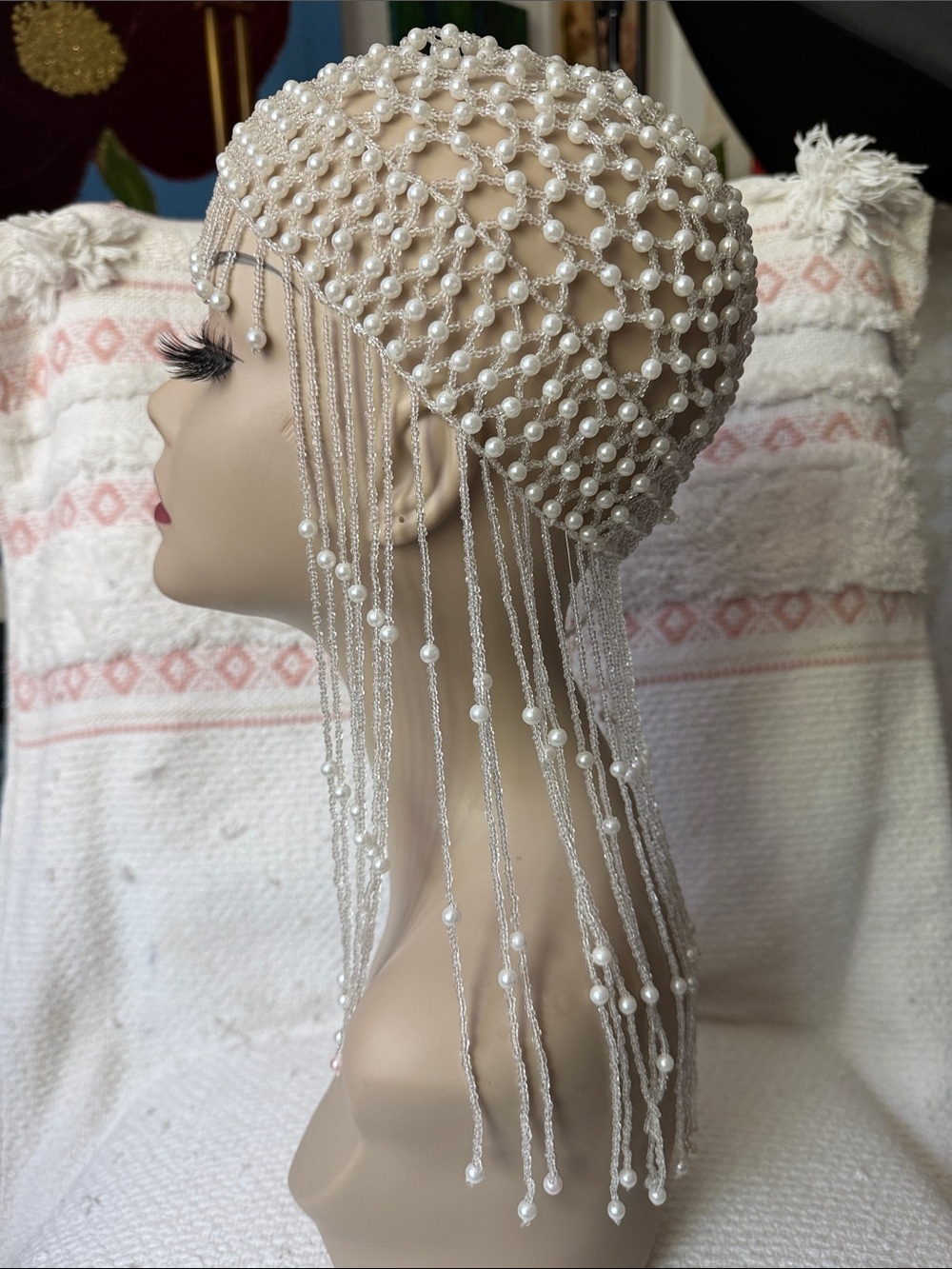 Beaded Fringe Crochet Flapper Headpiece Faux Pearls 1920th style Tassel Handmade